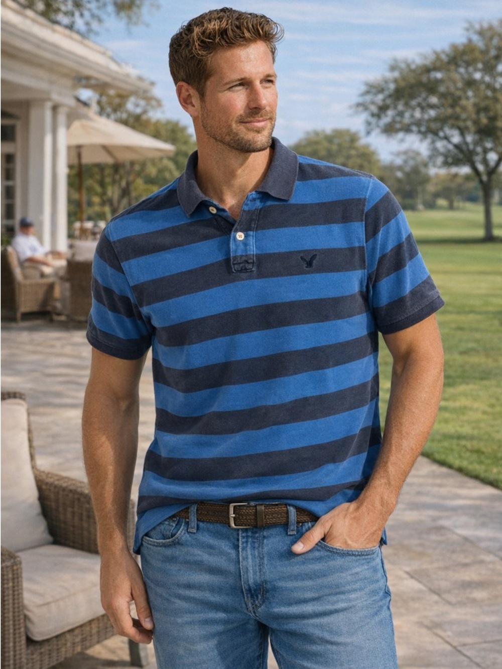 American Eagle Blue Striped Polo Shirt XL Classic Fit Cotton Casual Rugby Preppy
